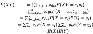 \begin{eqnarray*}E(XY) &= \sum_{i=1,k=1}^{n} x_iy_k P(XY= x_iy_k)\\
&= \sum_{i...
...sum_{i=1}^n x_i P(X=x_i) \sum_{k=1}^n y_k P(Y=y_k)\\ &= E(X)E(Y)
\end{eqnarray*}